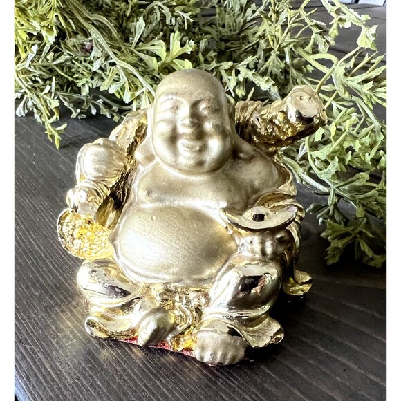 HAPPY Buddha Gold COLOR Feng Shui Laughing Lamp-Wisdom, Cloth Sack-Good Fortune - Picture 1 of 10